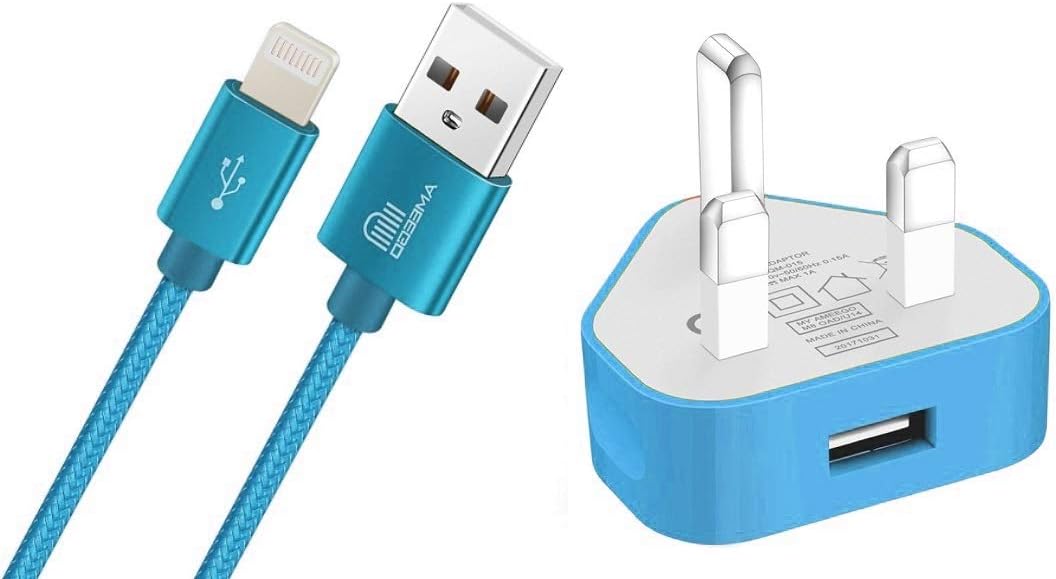 ameegoUSB Data Sync Charging Cable Lead 1 Meter Braided Lead + USB Charger Adapter Plug For Phone's Compatible 6 6s 5s 6 PLUS 7 8 8 Plus XS XS Max XR X iPad iPod (Blue)
