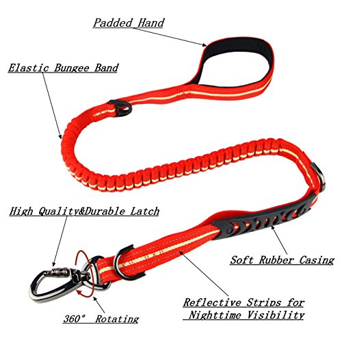 MEIKAI Bungee Dog Leash Chrome Metal Lock Reflective Nylon Pet Leash with 2 Handle and 3 Multifunction D Button Great for Walking, Hiking and Training (Red)