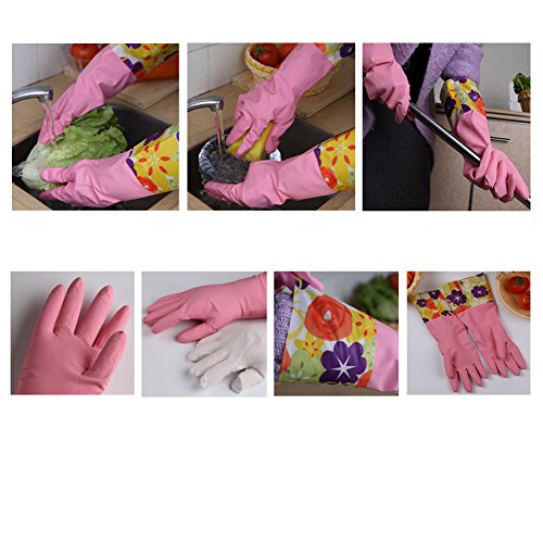 Womens Kitchen Rubber Cleaning Gloves,Latex Glove with lining Household waterproof dishwashing Gloves(2 pairs)