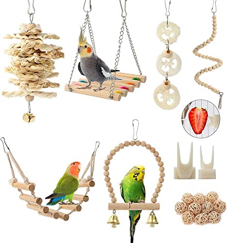 BBjinronjy Bird Parrot Toys Hanging 18 Pieces Bird Cage Accessories Toys Bass Ladder Chew Toy Hammock for Parakeets Love Birds Finches and Other Small Pets