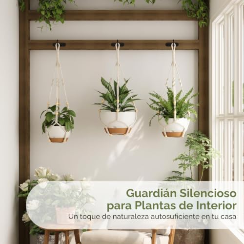 Bamworld Set of 3 Macrame Hanging Planters with Self-Watering, Plant Pot Holder and Balcony Planters 28/23/20 cm with Chains, White