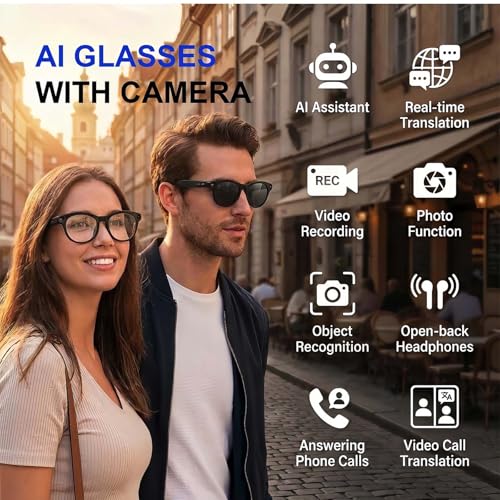 AI Smart Glasses with Camera and Audio, 8MP HD Bluetooth Camera Glasses,1080P Video Recording Sunglasses,Real Time Translation,AI Assistant,Object Recognition,Open-Ear Audio for Travel, Meetings Vlog