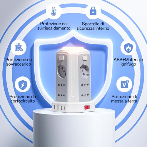 2 M Power Strip with Night Light 12 Universal Sockets 10/16A ITA and Schuko and 3 USB A+1 USB C Overvoltage Protection with 4 Independent Switches for Office, Home