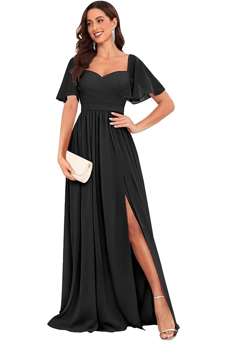 Bridesmaid Dresses With Sleeves OFEECHUN Flutter Sleeve Bridesmaid Dress -  Chiffon, A-Line, Side Slit, With Pockets & Lace-Up Back Ruffle Dress With  Slit