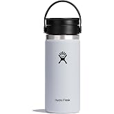 Hydro Flask Water Bottle - Insulated Stainless Steel - Wide Mouth Flex Sip Lid, Non Spill, Leakproof and Refillable in 16 Oz White