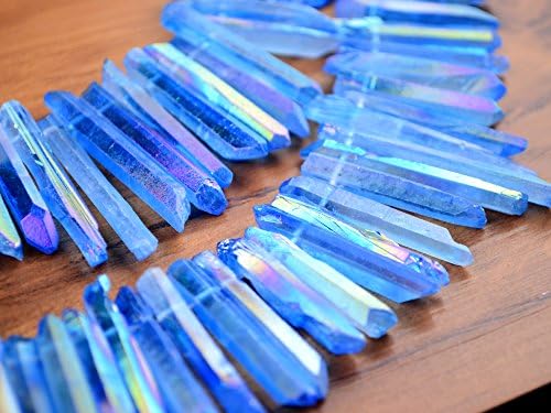 FHNP367 - Blue Rock Quartz Clear Crystal Quartz Stick Point Beads Top Drilled Blue Aqua Aura Titanium Coated 15 inch Strand