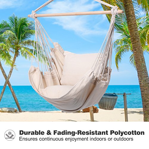 Finether Padded Hammock Hanging Chair Swing with Pillow Set for Indoor Outdoor Use, 265 lbs Weight Capacity, Beige
