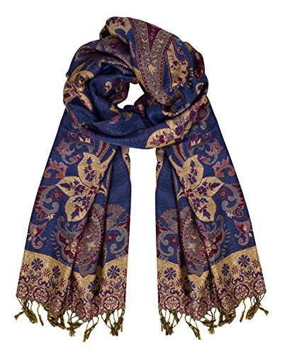 Peach Couture Floral Peacock Reversible Shimmer Layered Pashmina Wrap Shawl Scarf (Navy)