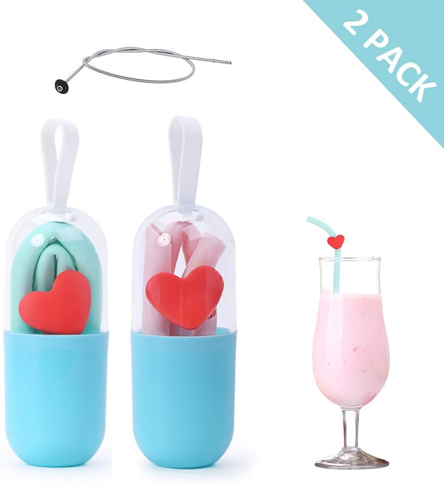 Collapsible Straw with Case and Cleaning Brush Reusable Silicone Straws Portable Grade Foldable Straws for Outdoor, Household, Party, Office - 2 Pack(Green/Pink)