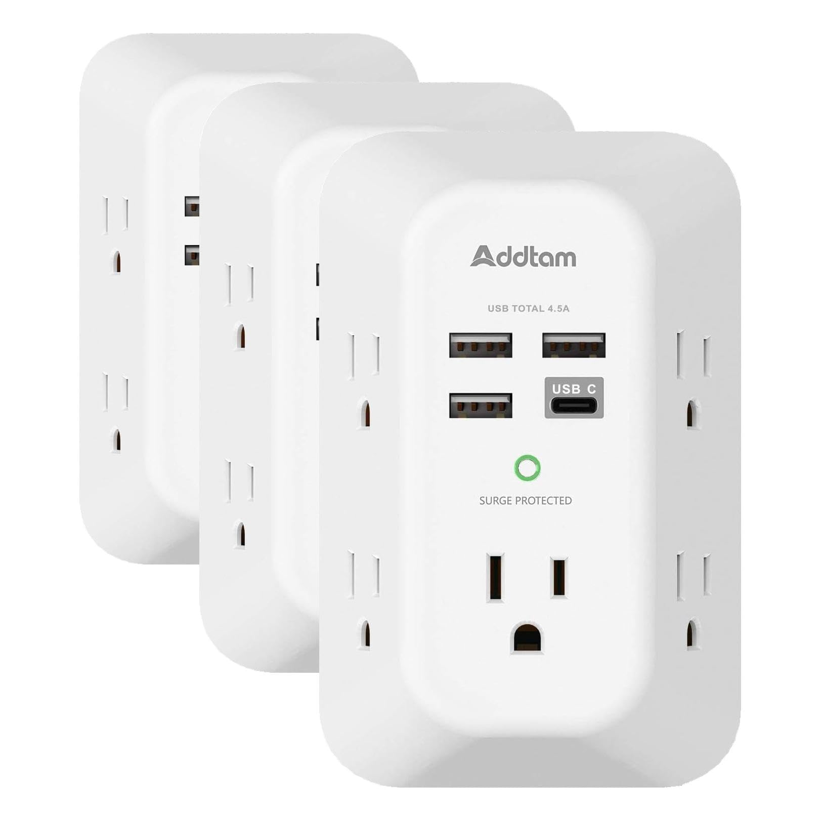 Addtam USB Wall Charger Surge Protector 5 Outlet Extender with 4 USB Charging Ports (1 USB C Outlet) 3 Sided 1800J Power Strip Multi Plug Outlets Wall Adapter Spaced for Home Travel Office ETL Listed