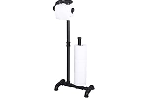 HouseAid Free Standing Industrial Pipe Toilet Paper Holder for Bathroom, Stand Rustic Iron Toilet Roll Holder with Reserve, Vintage Style, Matte Black