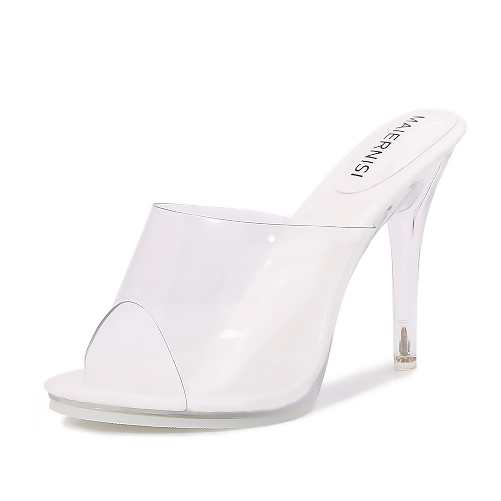 Photo 1 of BWSEOBG Women's Transparent One Strap Sexy Stiletto Heels Round Peep Toe Clear High Heels Slip-On Dress Heeled Mule Sandals for Formal Wedding Prom Party Evening (White,5)