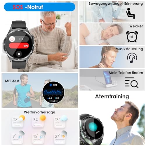 2026 Neu Smartwatch Herren mit EKG/Blutdruck/Harnsäure/Schlaf-Monitor/Emotion/Stimmung/BMI Rund 1,43"AMOLED Gesundheitsuhr mit Herzfrequenz SPO2,Bluetooth-Anrufe SOS-Notruf Fitnessuhr für iOS/Android