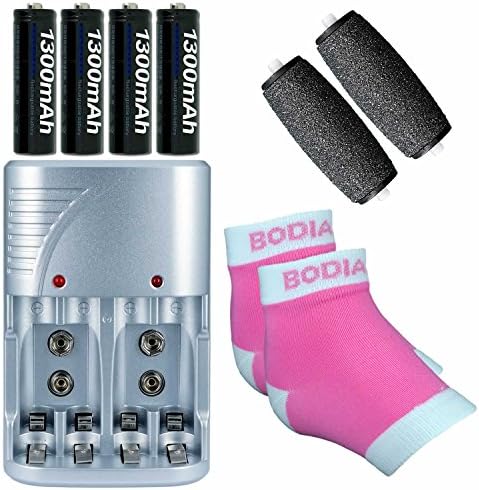 Bundle for Amope Pedi Perfect Foot File - Rechargeable Kit (4-Slot Charger and 4 NiMH AA Batteries), Gel Heel Socks, Replacement Rollers (2 Refills)