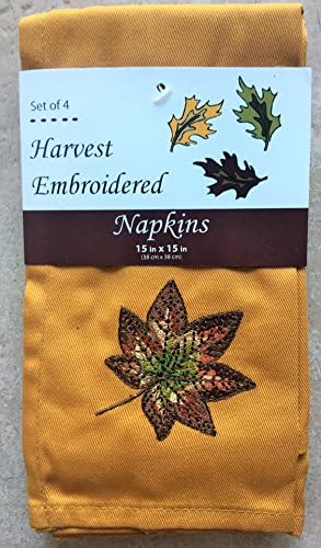 Harvest Embroidered Gold Cloth Napkins Set of 4 With a Fall Thanksgiving Maple Leaf