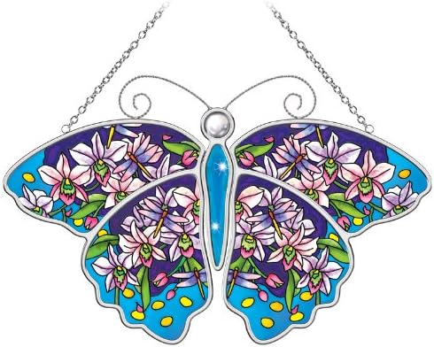 Amia 5594 Suncatcher with Butterfly Design, Hand Painted Glass, 7-Inch by 10-1/4-Inch