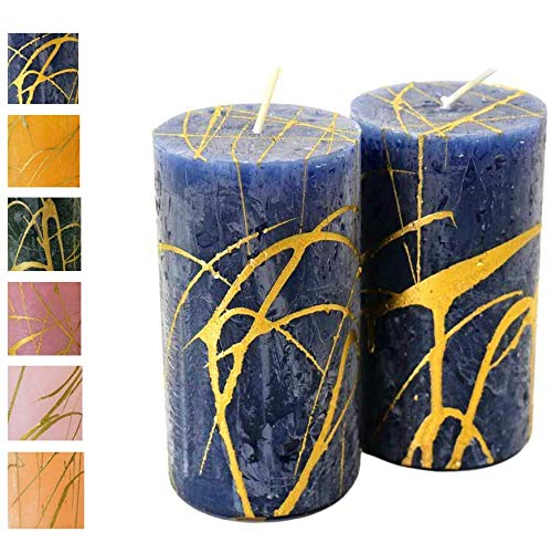 Advent Candles with Golden Pattern - Pack of 2 - Rustic Surface - Candles/Pillar Candles - Christmas/Christmas Wreath/Advent Wreath (Midnight Blue, Height: 11 cm / Diameter 6 cm - Pack of 2)