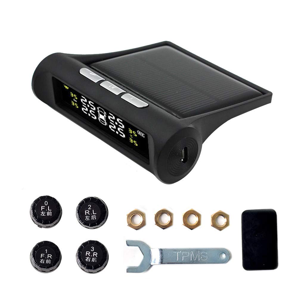 Cocar Wireless Solar TPMS Tire Pressure Monitor System, LCD Monitor + 4 External Sensors Real-time Alarm Display Tires' Pressure for Car Van (Within 58 PSI/4.0 BAR)