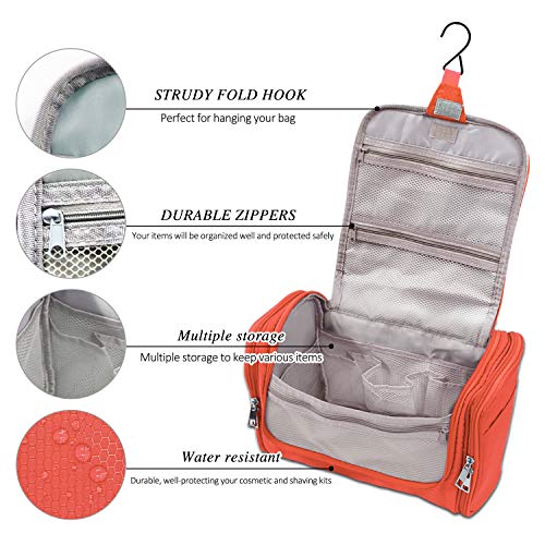 Extra Large Capacity Hanging Toiletry Bag for Men & Women, Portable Waterproof Bathroom Shower Bag, Lightweight Dopp kit Shaving Bag, Sturdy Metal Hook Organizer Makeup Bag (Orange)