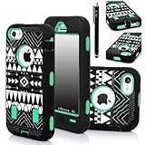 iPhone 5C Case, E LV iPhone 5C case - heavy Duty Rugged Dual Layer Hybrid Armor Defender Case Cover for iPhone 5C with 1 Screen Protector, 1 Black Stylus and 1 Microfiber Sticker Digital Cleaner (Apple Iphone 5c) - Tribal Green