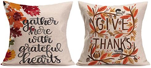Wonder4 Thanksgiving Decorative Pillow Cushion Cover Give Thanks and Gather Here with Greatful Hearts Thanksgiving Fall Throw Pillow Case Cushion Cover Decorative 18" x 18" for Home Decor (2 Packs)