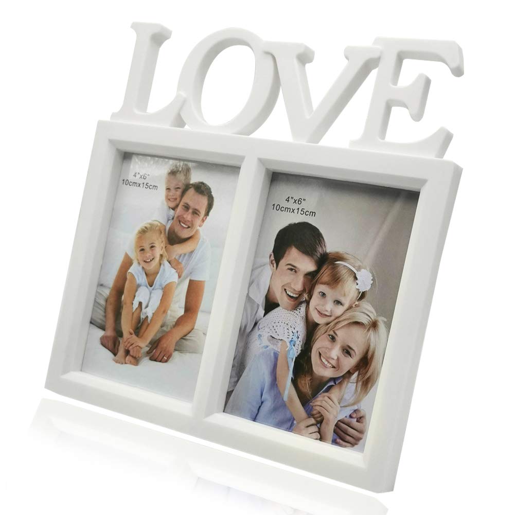 Photo Frame 6x4 Love White Picture Frames Double Photo Frames Plastic Freestanding 1pcs for Childrens Family Friend
