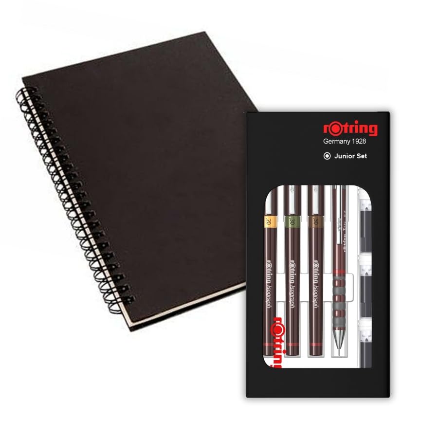 rOtring Isograph S0699320 Junior Set 3x Technical Pens | 0.20mm, 0.30mm, 0.50mm Fineliner Pens + Accessories with Notebook