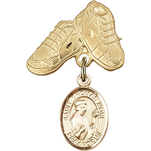 Gold Filled Baby Badge with St. Thomas More Charm and Baby Boots Pin 1 X 5/8 inches