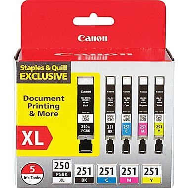 Canon PGI-250XL Black High Yield and CLI-251 B/C/M/Y Black & Color Ink Cartridges (6432B011), Combo 5/Pack