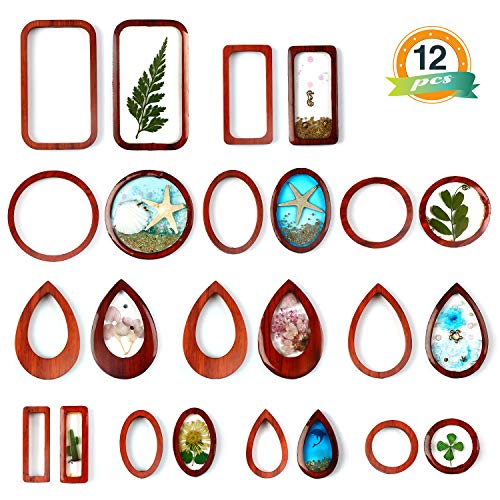 LET'S RESIN Resin Jewelry Making Kit with 12 PCS Wooden Frames Pendant 5 Styles Bezel Charms Pendants, Wood Pieces for Resin Jewelry, Earring, Necklace Crafts DIY