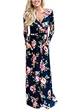 Women's Floral Print V Neck Long Sleeve Maxi Casual Dress Large Blue