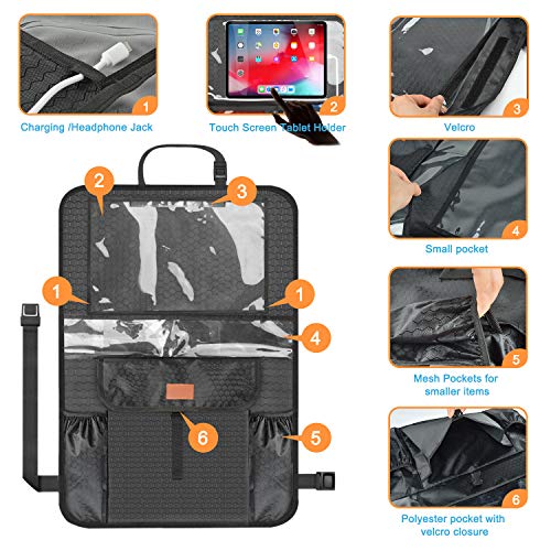 Backseat Car Organizer Kick Mats with 4pcs Headrest Hooks Hangers, Waterproof Car Seat Back Protectors with Large Storage Pockets 12" Touch Screen Tablet Holder Great Travel Accessories (2 Pack)
