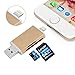 Fixget 3 in 1 USB Memeory Card Reader, MiCROSD/TF/SD Card Reader Adapter with Lightning, USB & Micro USB Interfaces, USB/Lightning Memory Card Reader for Android Device/Mac/PC/iPhone/iPad/iOS - Gold