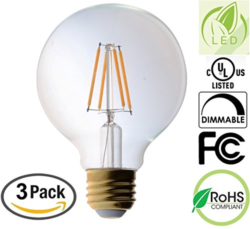 Bioluz LED 92 CRI G25 Globe Light Bulbs Clear Glass Filament 60W Replacement (Uses only 5.5W) Vanity Light Bulbs for Bathroom Warm White 2700K Dimmable UL Listed Title 20 3-Pack