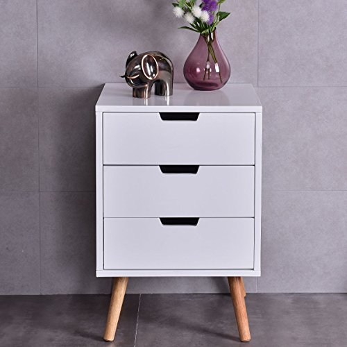 Apontus White Side End Table Nightstand w/3 Drawers Mid-Century Accent Wood Furniture
