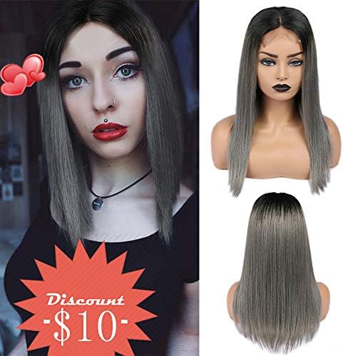 FancyHair Lace Closure Wig Bralizian Human Hair Wig Straight Wig Gray Ombre Wig Dark to Gray Color 150% Density 14inch