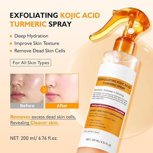 Body Keratin Care Kojic Acid Turmeric Spray Gently Exfoliating Peeling Solution Skincare with Retinol, Glutathione, Niacinamide, Vitamin B, C, E for All Skin Types 200ml