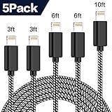 TNSO Phone Cable 5Pack 3FT 3FT 6FT 6FT 10FT Nylon Braided USB Charging & Syncing Cord Compatible Phone Charger X Phone 8 8 Plus 7 7 Plus 6s 6s Plus 6 6 Plus Pad Nano (Black)