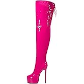 LINMUYOUJIA Shiny leather Thigh high boots for Women Stiletto heel Platform Over the knee Round toe back zipper Sexy Front Strappy high heel Cosplay Custume unisex boots