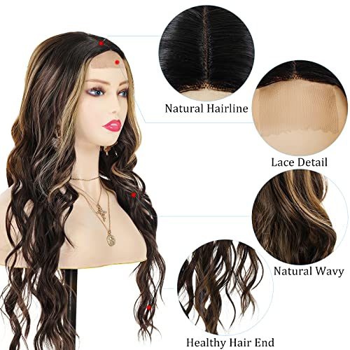 POPTAIYU Long Brown Mixed Blonde Wavy Highlight Lace Front Wigs for Women Synthetic Curly Natural Wavy Heat Resistant Hair for Daily Party Use (Brown Mixed Blonde,26inch)