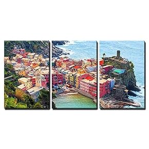 3 Piece Canvas Wall Art - Vernazza in Cinque Terre, Italy, View from Mountain Trekking Path - Modern Home Art Stretched and Framed Ready to Hang - 16"x24"x3 Panels