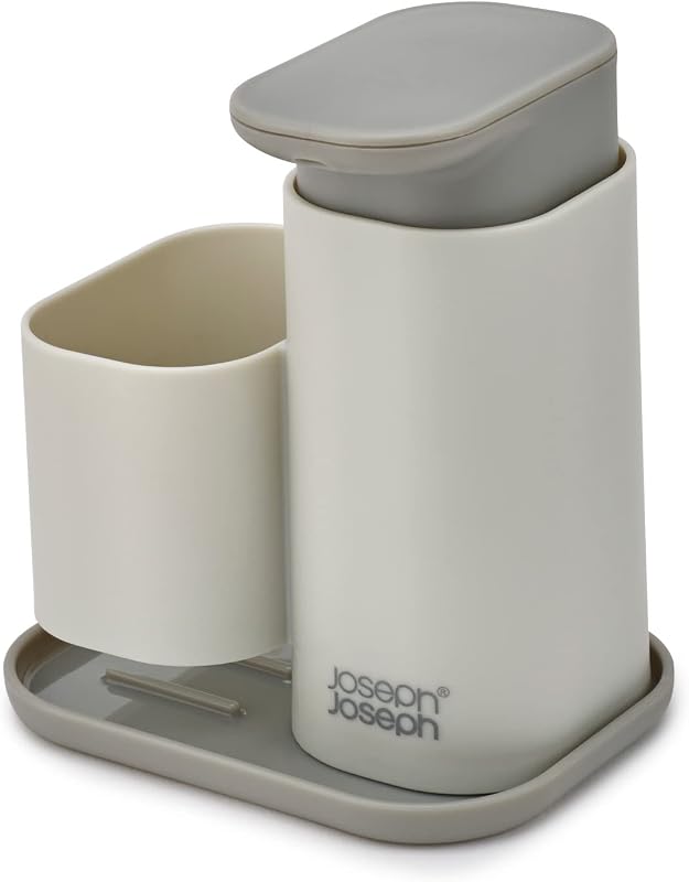 Duplo dispensador de sabonete de cozinha com suporte para esponja, organizador e arrumação para o pia da cozinha, cinzento
