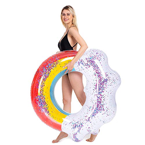 Zoostliss Giant Inflatable Rainbow Pool Float with Glitter Inside, Fun Beach Floats, Swim Party Toys, Summer Pool Raft Lounger for Adults & Kids