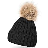 Women's Winter Thick Knit Soft Polar Fleece Lining Pom Pom Beanie Hat with Hair Tie.