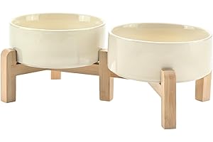 SPUNKYJUNKY Elevated Dog Bowls Ceramic, 5.1'' Dogs and Cat Food Water Bowls Raised with Non-Slip Bamboo Stand for Puppy Small Sized Breed Microwave Dishwasher Safe - 13.5 OZ,Beige