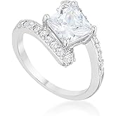 Unique Elegant Tension Set Princess Cut & Pave Accents Cubic Zirconia CZ Engagement Ring, Rhodium Plated Alloy, Size 5
