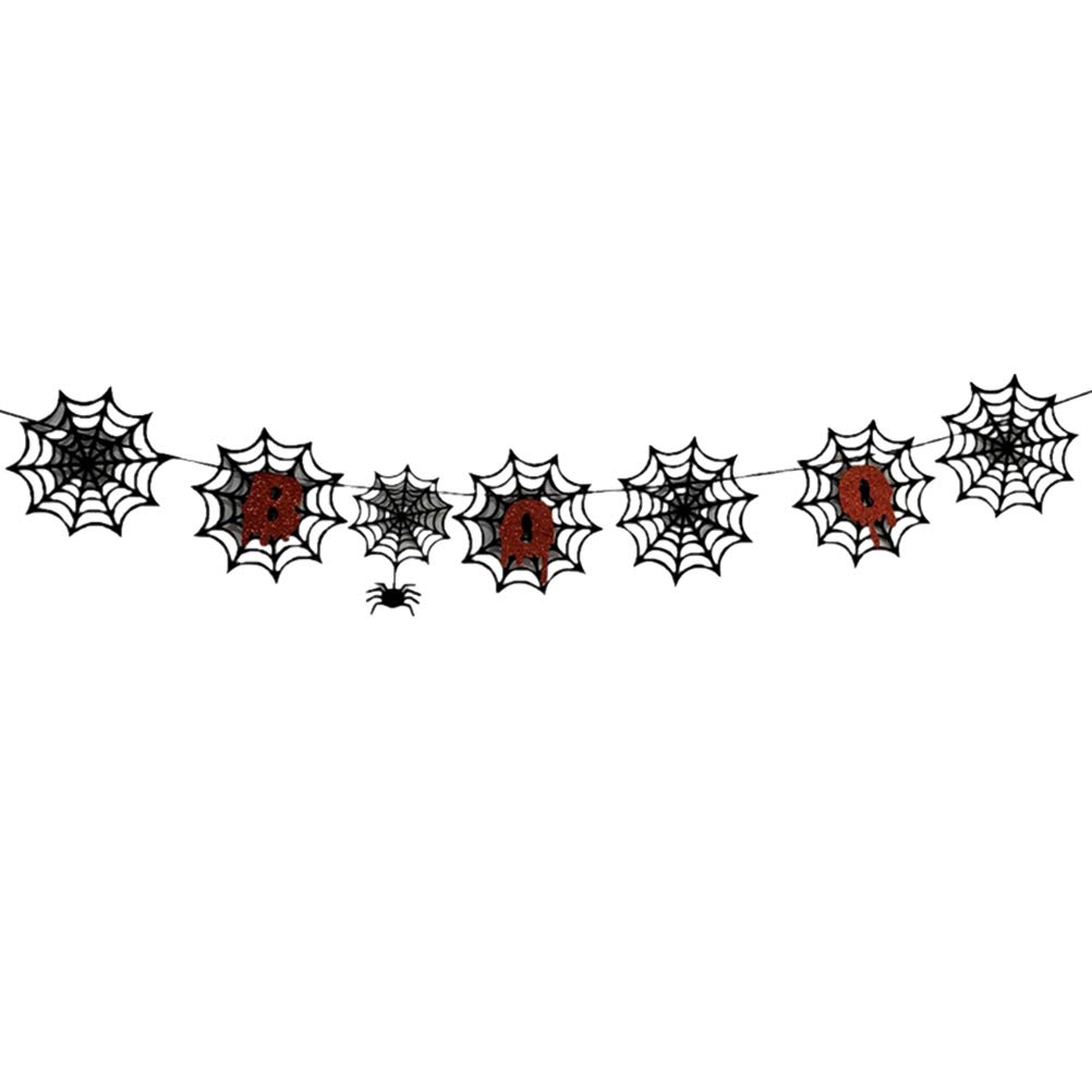 Amosfun Halloween Spider Web Banner Party Banner Glitter Non-Woven Boo Cobweb for Decor for Halloween Party Supplies