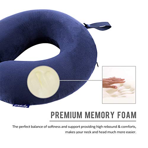 Fabuday Travel Pillow Memory Foam Head Neck Support Pillow for Airplane, Car, Office, with Attachable Snap Strap Soft Washable Cover