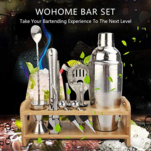 Bar Set, WOHOME Cocktail Shaker Bar Tools with Stylish Bamboo Stand- Stainless Steel Bartender Kit Premium Bartendering Tool for Home/Bars/Traveling and Outdoor Parties