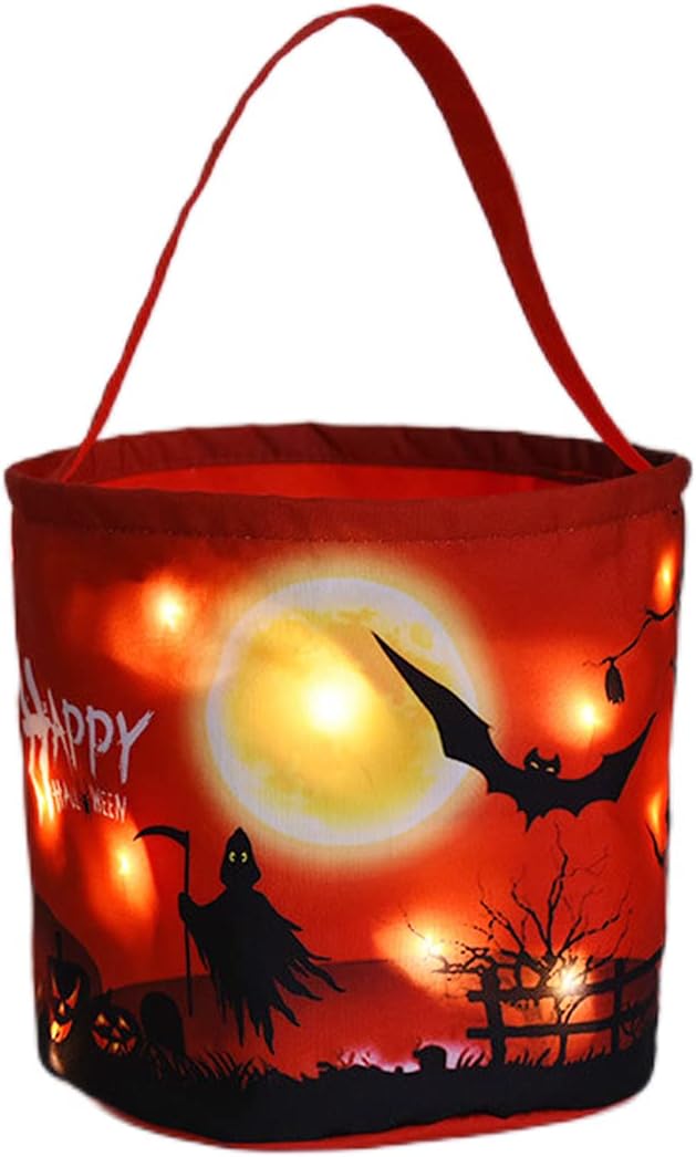 Holiday Décor Storage - Halloween Candy Bags with LED Lights Trick or Treat Basket, Light up Halloween Party Bags Multipurpose Reusable Goody Bucket for Kids,Red
